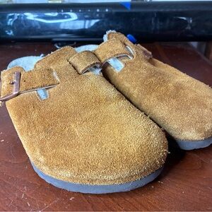 Birkenstock Boston Shearling Leather Mink Womens Size 10 Brown Suede Clogs Shoes